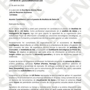 Vista previa de Carta de Presentación profesional para Analista de Datos y BI de CV Profesional Tenerife con marca de agua.