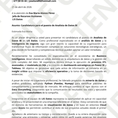 Vista previa de Carta de Presentación profesional para Analista de Datos y BI de CV Profesional Tenerife con marca de agua.