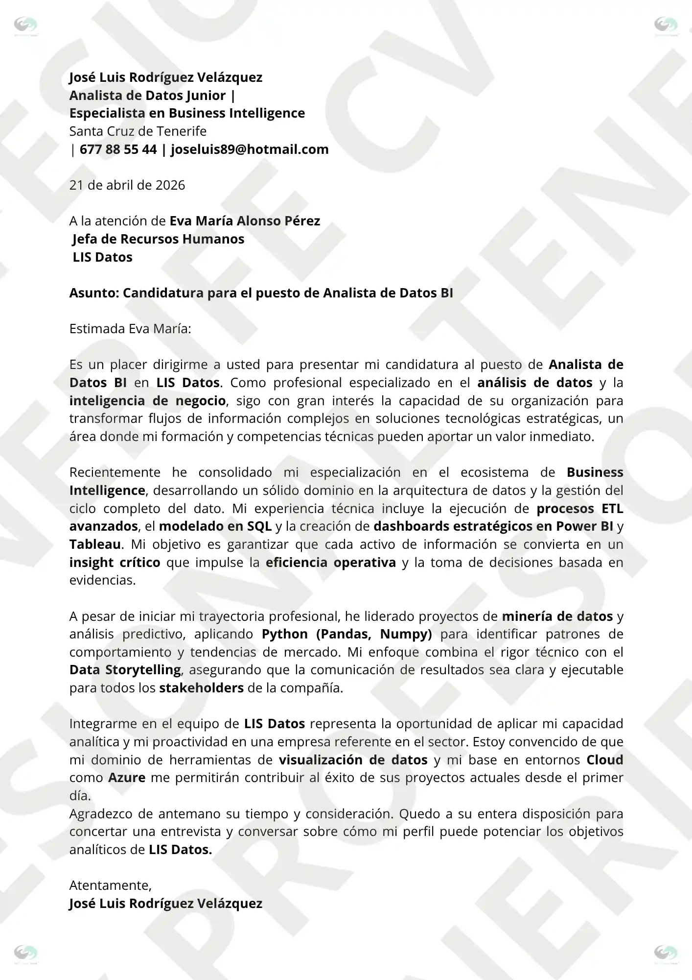 Vista previa de Carta de Presentación profesional para Analista de Datos y BI de CV Profesional Tenerife con marca de agua.