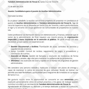 Plantilla de carta de presentación profesional para el sector administrativo en Tenerife con marca de agua de CV Profesional Tenerife