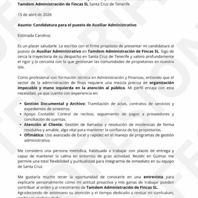 Plantilla de carta de presentación profesional para el sector administrativo en Tenerife con marca de agua de CV Profesional Tenerife