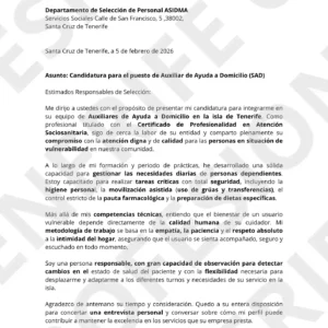 Modelo de carta de presentación profesional para el sector de cuidados y servicios del hogar en Tenerife con marca de agua.