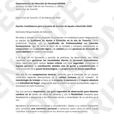 Modelo de carta de presentación profesional para el sector de cuidados y servicios del hogar en Tenerife con marca de agua.