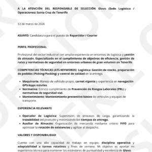 Modelo de carta de presentación para repartidor y mensajería en Tenerife optimizada para empresas de logística