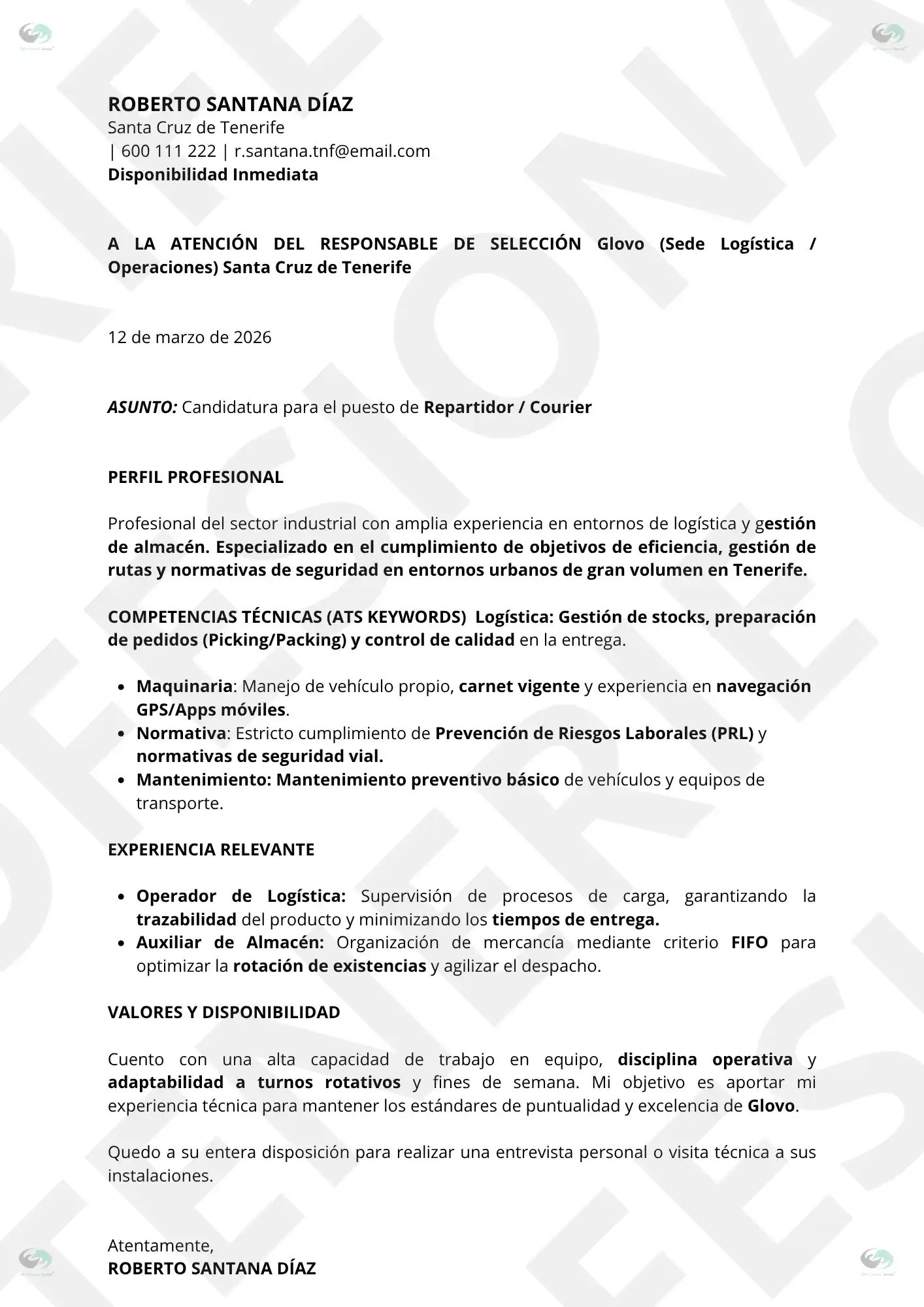 vista previa cv repartidor globo delivery tenerife | CV Profesional Tenerife™ Modelo de carta de presentación para repartidor y mensajería en Tenerife optimizada para empresas de logística