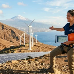 Ingeniera de energías renovables supervisando un parque eólico y fotovoltaico con el Teide de fondo en Tenerife, representando el estándar de calidad de CV Profesional Tenerife.