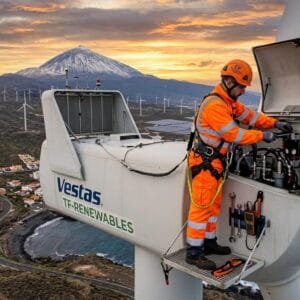 Técnico en energías renovables realizando mantenimiento preventivo en la nacelle de un aerogenerador en un parque eólico de Tenerife, con el Teide de fondo al atardecer. Representa la precisión técnica y seguridad del Pack CV Profesional Tenerife™