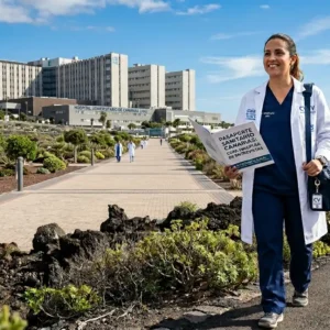 Profesora o sanitaria portando la Guía de Éxito Laboral Sanidad frente al Hospital Universitario de Canarias en Tenerife.
