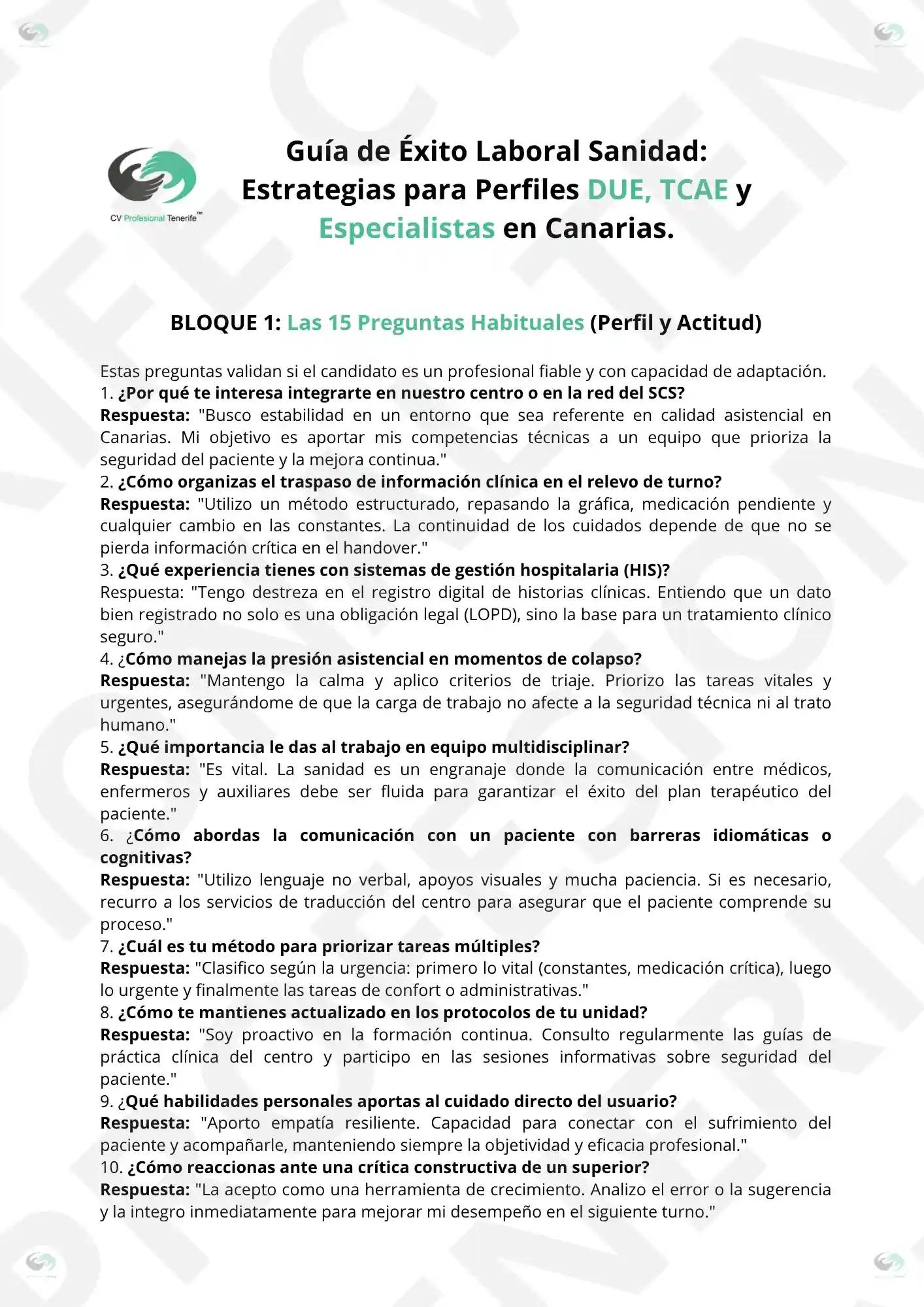 Vista Previa Guia de Exito Laboral Sanidad Estrategias para Perfiles DUE TCAE y Especialistas en Canarias. 4 | CV Profesional Tenerife™ Estrategias para perfiles DUE y TCAE en el sector sanitario de Canarias.