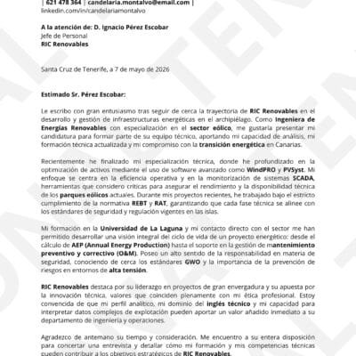 Vista previa de Carta de Presentación Técnico en Energía Eólica, optimizada para Filtros ATS, estructura limpia.