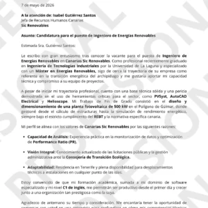 Vista previa de carta de presentación para Ingeniero de Energías Renovables dirigida a Canarias Sic Renovables
