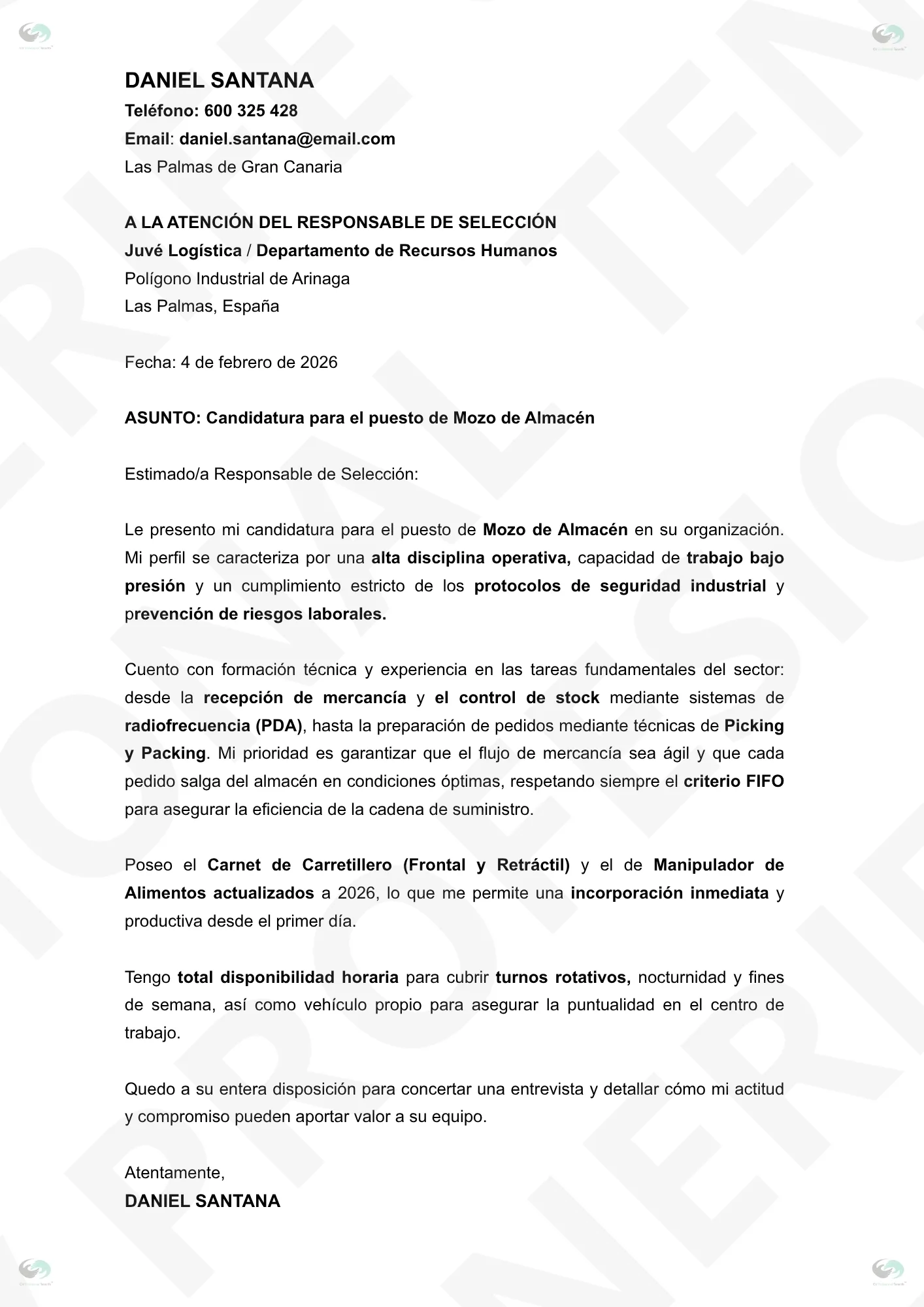 Carta de Presentación para la candidatura de Mozo de Almacén en Juvé Logística.