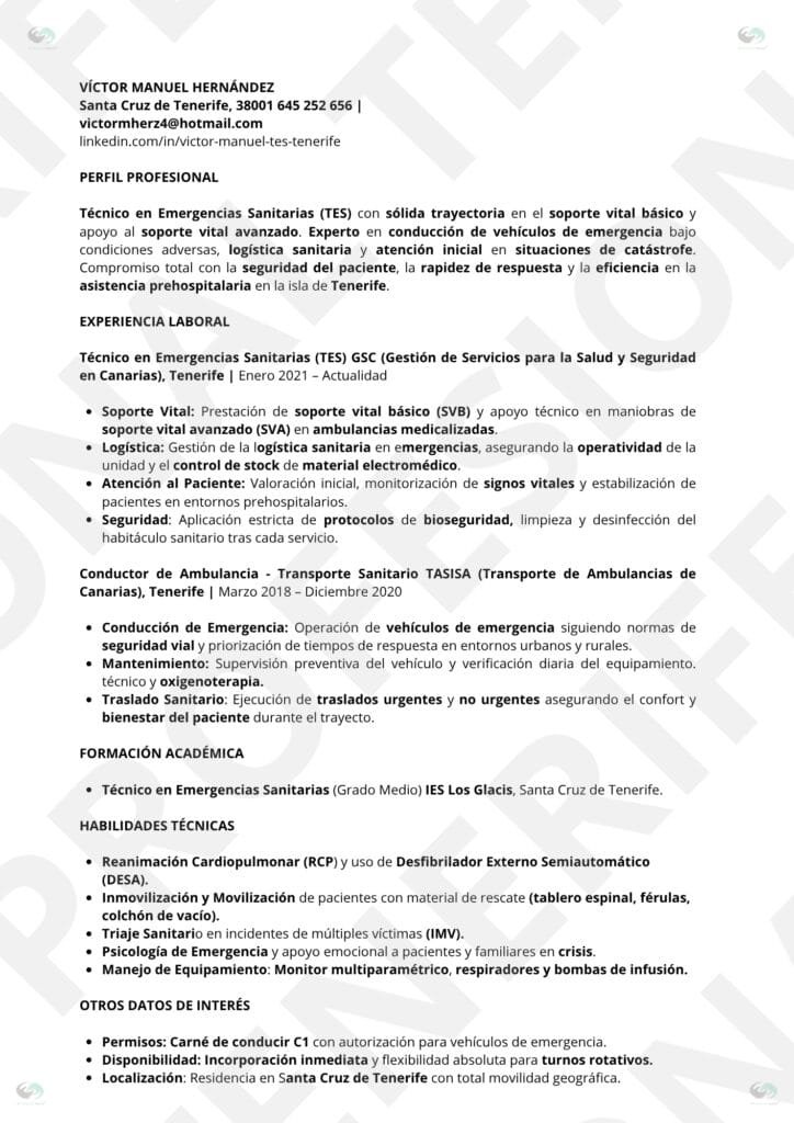 Vista previa CV Técnico en Emergencias Sanitarias ( TES), optimizado para ATS, estructura limpia.