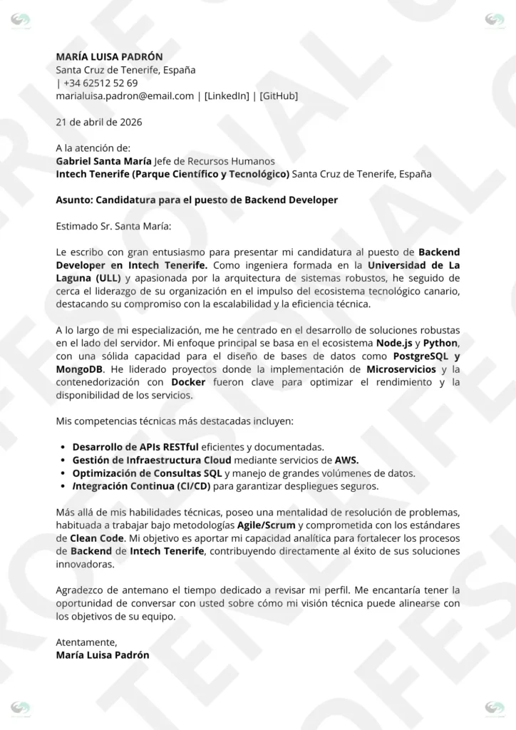 Vista previa Carta de Presentación Bakend Edicion , optimizado ATS, estructura limpia.