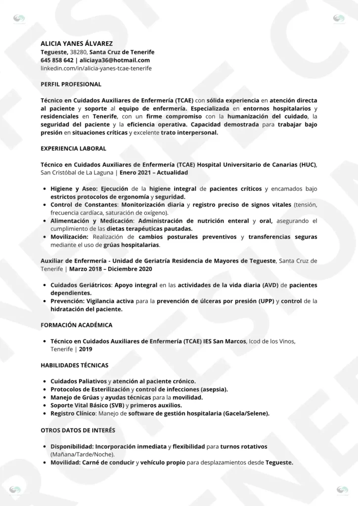 VISTA PREVIA Auxiliar de Enfermeria TCAE Con Experiencia 5 2 | CV Profesional Tenerife™