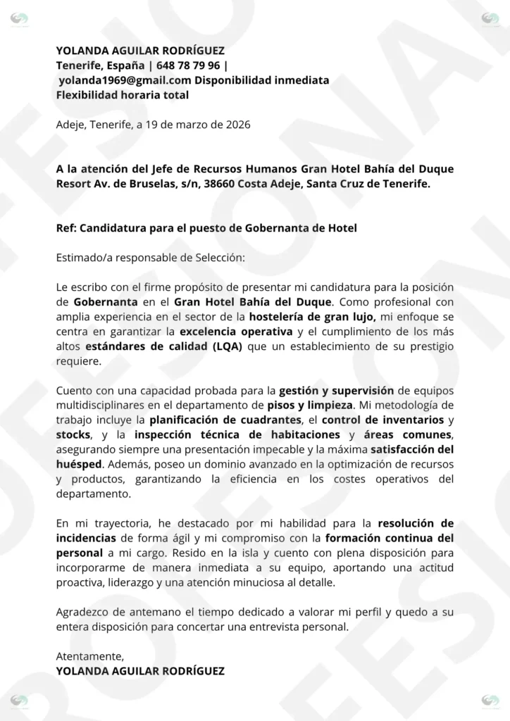 Carta de Presentación Gobernanta de Hotel optimizada para Filtros ATS, estructura limpia.