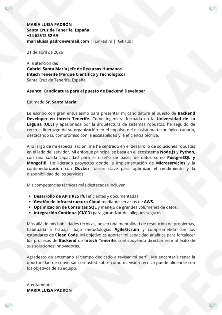 Vista Previa Carta de Presentacion Bakend Edicion 5 | CV Profesional Tenerife™